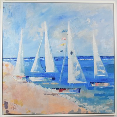 48" Sq Four White Sailboats Canvas in a White Frame