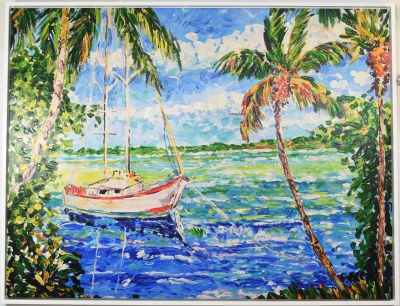 45" x 60" Sailboat in a Palm Tree Cove Canvas in a White Frame