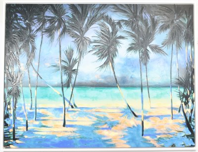 45" x 60" Moonlit Palm Tree Beach Canvas in a White Frame