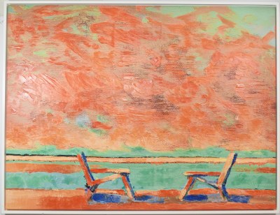 45" x 60" Two Chairs and a Coral Horizon Canvas in a White Frame