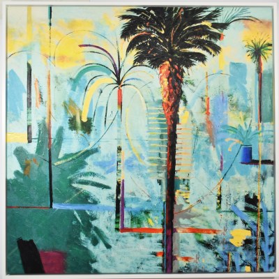 48" Sq Palm Tree Collage Canvas in a White Frame