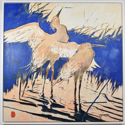 48" Sq Two White Egrets on a Blue Canvas in a White Frame
