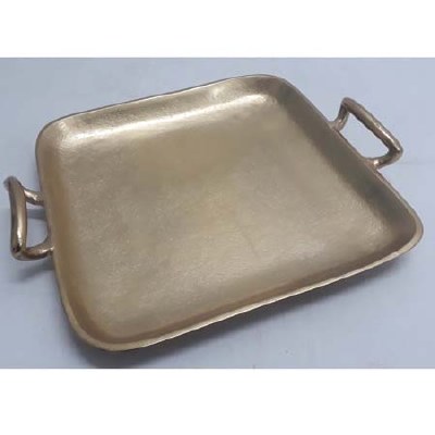 17" Sq Gold Textured Metal Tray With Handles