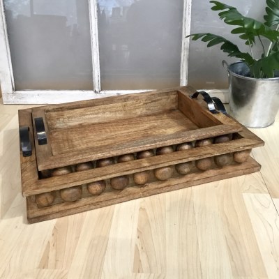 24" Brown Wood Tray With Dots and Iron Handles