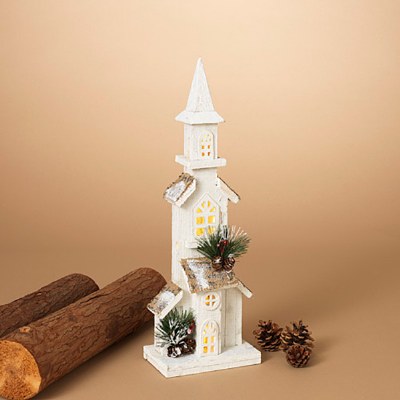 19" LED Distressed White Wood Church