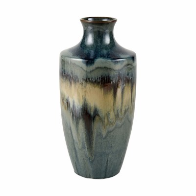 16" Blue and Brown Drip Ceramic Vase