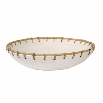 18" Round Distressed White Ceramic Bowl With a Rattan Rim