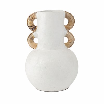 17" White Four Rattan Handles Vase