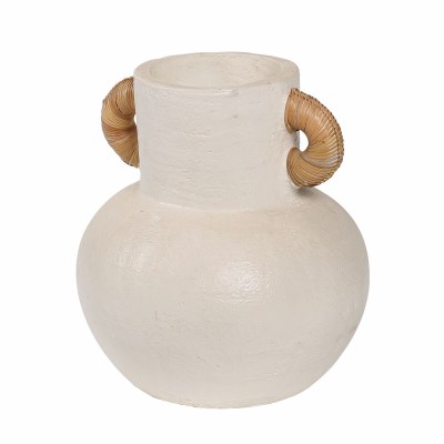 12" White Two Rattan Handles Vase