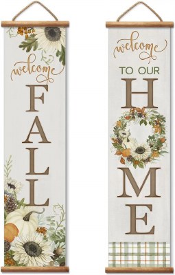 44" x 11" "Welsome Fall" and "Welcome to Our Home" Reversible Banner Fall and Thanksgiving Decoration