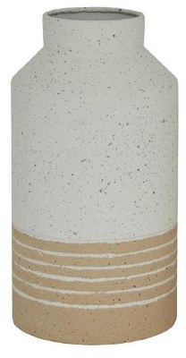 12" Distressed White and Beige Stripe Metal Vase