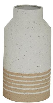 11" Distressed White and Beige Stripe Metal Vase