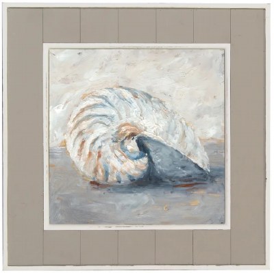 24" Sq Blue and Beige Nautilus Shell Coastal Framed Print Under Glass