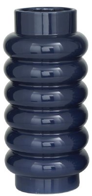 16" Dark Blue Ring Ribbed Ceramic Vase