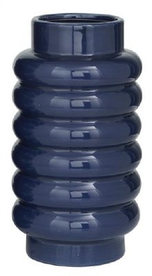 12" Dark Blue Ring Ribbed Ceramic Vase