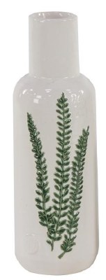 15" Green Fronds on a White Ceramic Vase