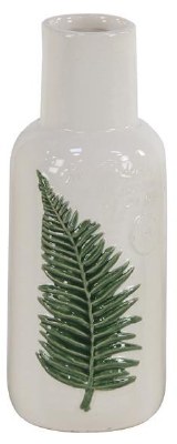 12" Green Frond on a White Ceramic Vase