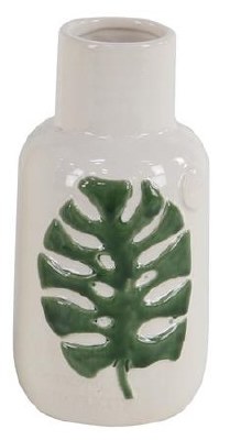 10" Green Leaf on a White Ceramic Vase
