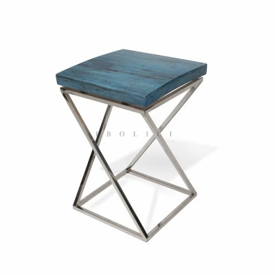 20" Sq Blue Wood Top and Stainless Steel Legs End Table