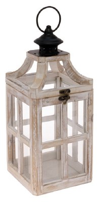 13" Whitewash Square Wood and Glass Lantern