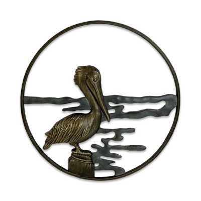 22" Round Verdigris and Bronze Pelican Coastal Metal Wall Art Plaque