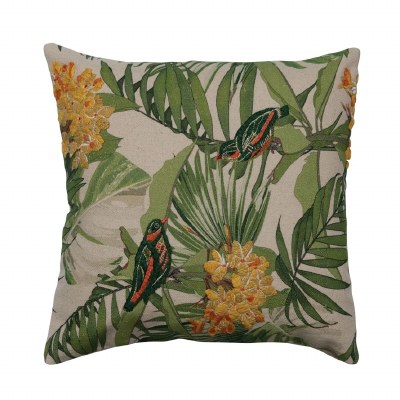 20" Sq Yellow Tropical Flowers and Birds Decorative Pillow