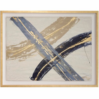 36" x 46" Blue and Gold Swipes Abstract Print Framed Under Glass