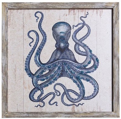 12" Sq Blue and White Octopus Gel Textured Print Framed