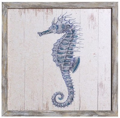 12" Sq Blue and White Seahorse Gel Textured Print Framed
