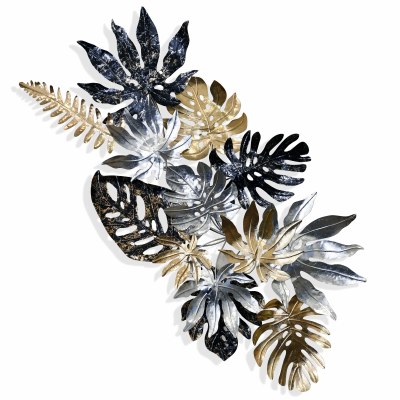 51" Silver, Gold, and Black Tropical Leaves Metal Wall Art Plaque