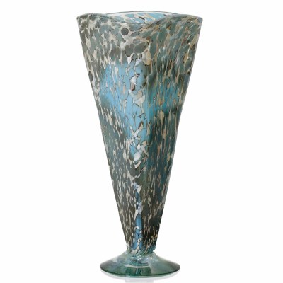 16" Aqua and Beige Glass Spots Triangle Vase