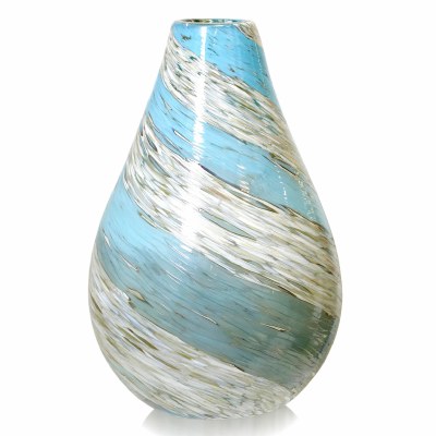 17" Aqua and Beige Glass Swirl Vase