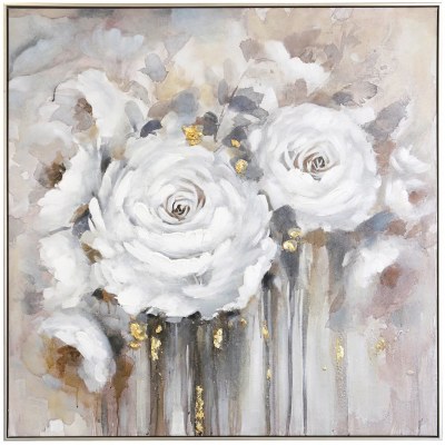 40" Sq White Rose With Gold Canvas Framed