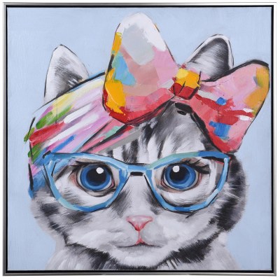 24" Sq Cat Wearing Glasses and a Bow Canvas Framed