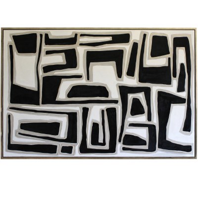 49" x 73" Black Shapes on a White Canvas Framed