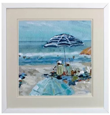 17" Sq Blue Umbrella on the Beach Framed Print Under Glass