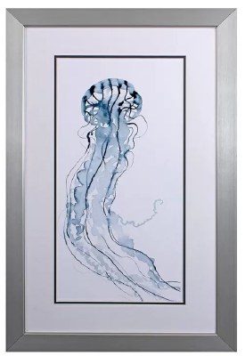 34" x 22" Blue Jellyfish With Curved Tentacles Framed Print Under Glass