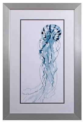 34" x 22" Blue Jellyfish With Straight Tentacles Framed Print Under Glass