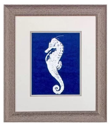 18" x 16" White Seahorse on a Blue Background Framed Print Under Glass