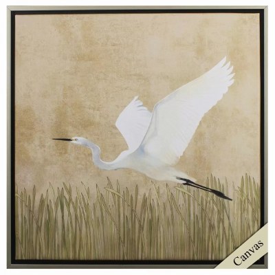 30" Sq Egret Alighting 2 Framed Canvas