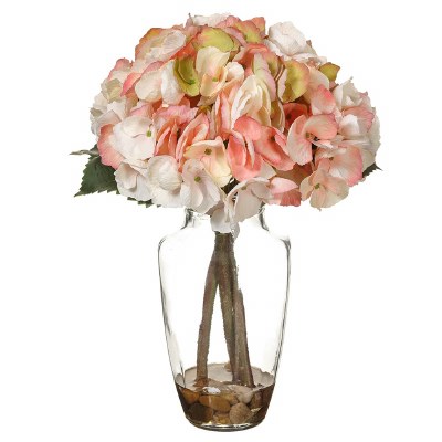 13" Faux Coral Hydrangea in a Glass Vase