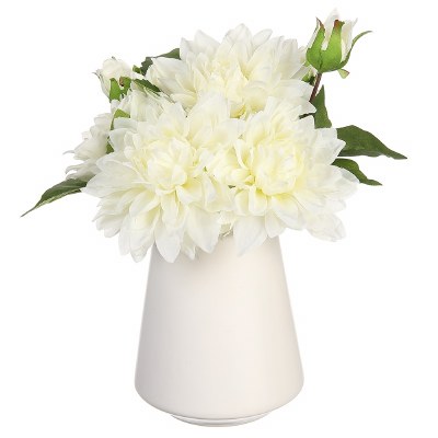 10" Faux White Dahlia in a Ceramic Vase