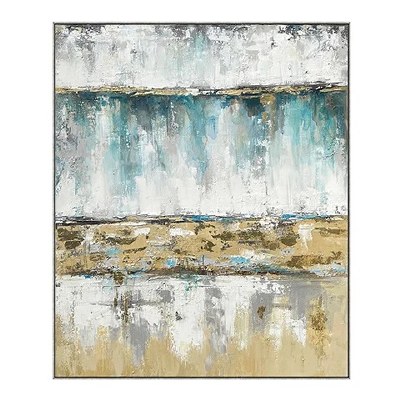 70" x 59" Teal, White, and Beige Abstract Framed Canvas