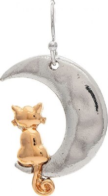 Silver and Gold Toned Cat Sitting on the Moon Earrings