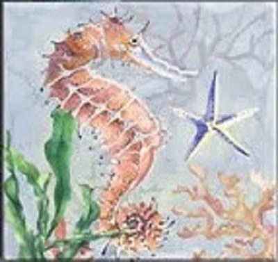 20" Sq Coral Seahorse Coastal Canvas