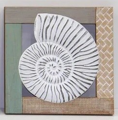 12" Sq Distressed White Nautilus on Wood Wall Plaque
