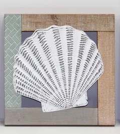 12" Sq Distressed White Scallop Shell on Wood Wall Plaque