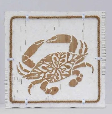 16" Sq Distressed White and Natural Angled Crab Wall Plaque