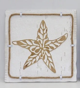 16" Sq Distressed White and Natural Starfish Wall Plaque