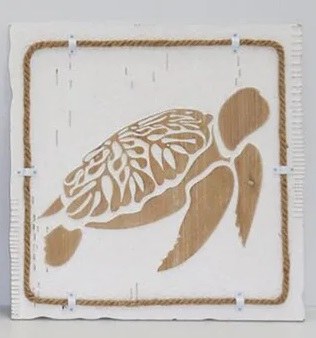 16" Sq Distressed White Turtle With Flippers Down Wall Plaque